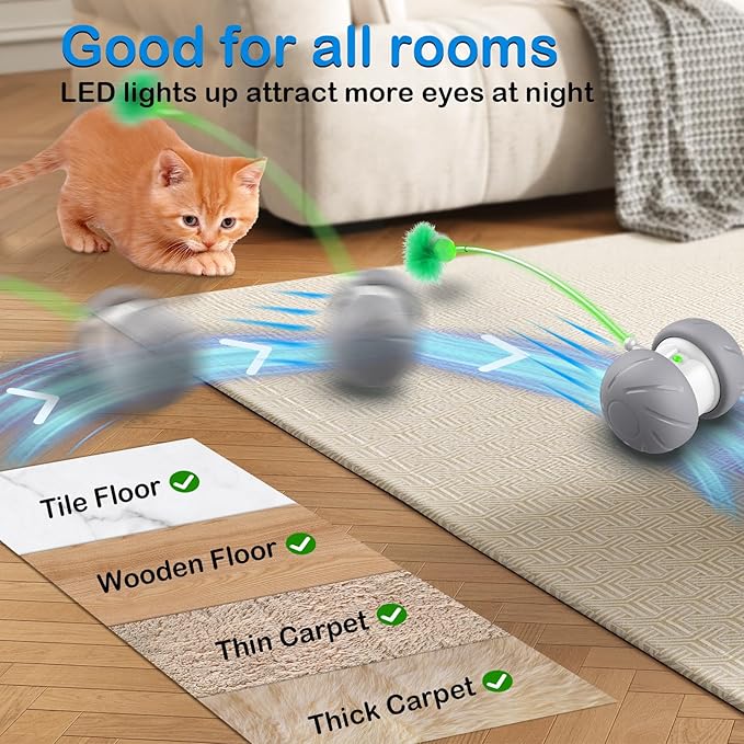 Interactive Cat Toys Fast Rolling Power Ball with Extra Long Feather Wand, Motion Activated Cat Toys