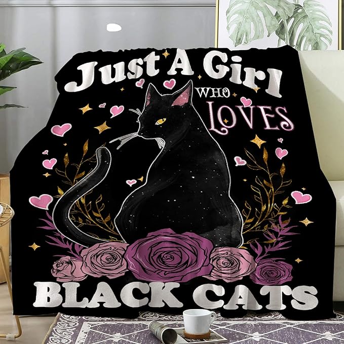 Just A Girl Who Loves Black Cats Blanket Gifts for Girls Boys, Cute Black Cat Throw Blanket for Cat Lovers Soft Lightweight Flannel Fleece Kitten Decor Plush Bedding for Teens Sofa Bed Chair 60x50In
