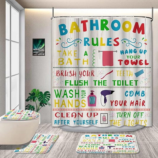 4 Pcs Kids Shower Curtain Sets with Non-Slip Rugs, Funny Teen Boy Girl with Inspirational Text, Cute Colorful Bathroom Rules Fabric Shower Curtain Restroom Bathtub Decor Accessories 72X 72in