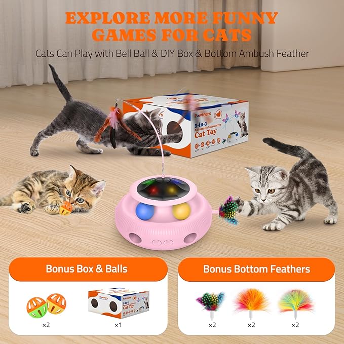 Interactive Cat Toy: 4 in 1 Automatic Cat Toy for Indoor Cats, Electric Kitten Toy with Rechargeable Battery, Self Play Kitty Toy with Fluttering Butterfly, Track Ball and Feather Pack, Pink