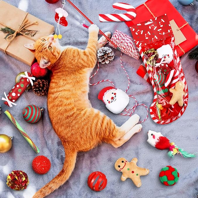Christmas Cat Toys Stocking Set 12 Assorted Xmas Cat Toys Set with Squeaky Toys Balls Cat Teaser Fun Cat Toys Indoor Outdoor Interactivity Pet Kitten