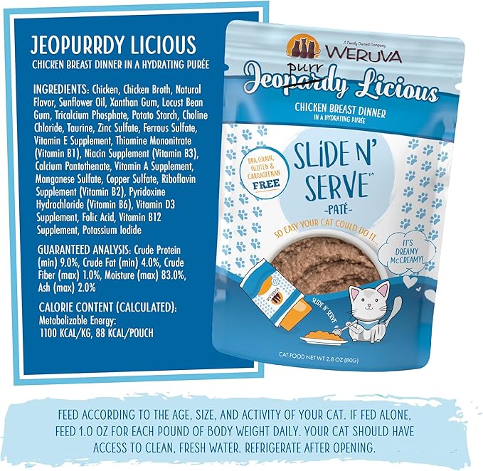 Weruva Slide N' Serve Paté Wet Cat Food, Jeopurrdy Licious Chicken Dinner, 2.8oz Pouch (Pack of 12)