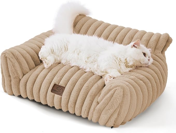 Bedsure Cute Cat Couch for Pets - Fluffy Cat Sofa with Premium Soft Corduroy Fleece, Fuzzy Cat Couch Bed with Removable Washable Cover, Supportive Cat Chair for Indoor Cats, 24inch, Tuscan Beige