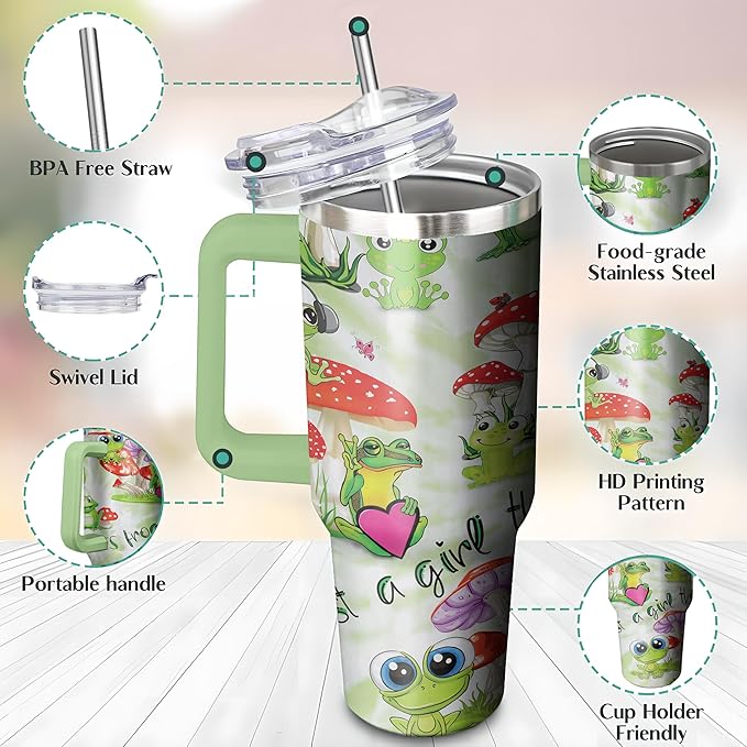 40 Oz Frog Tumbler with Handle and Straw - Double Wall Stainless Steel Insulated Coffee Mug - Leak Proof - Perfect Frog Gifts