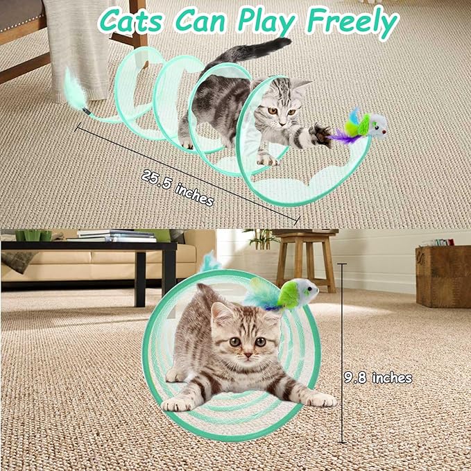 Cat Tunnel, 1PCS Folded Cat Tunnel Toy, Yellow Kitten Tube Cat Springs for Indoor with Feather, Mouse Toys Interactive Cat Toy Tunnel Self-Happy Cat Toys, S-Type Collapsible Tent Cyan
