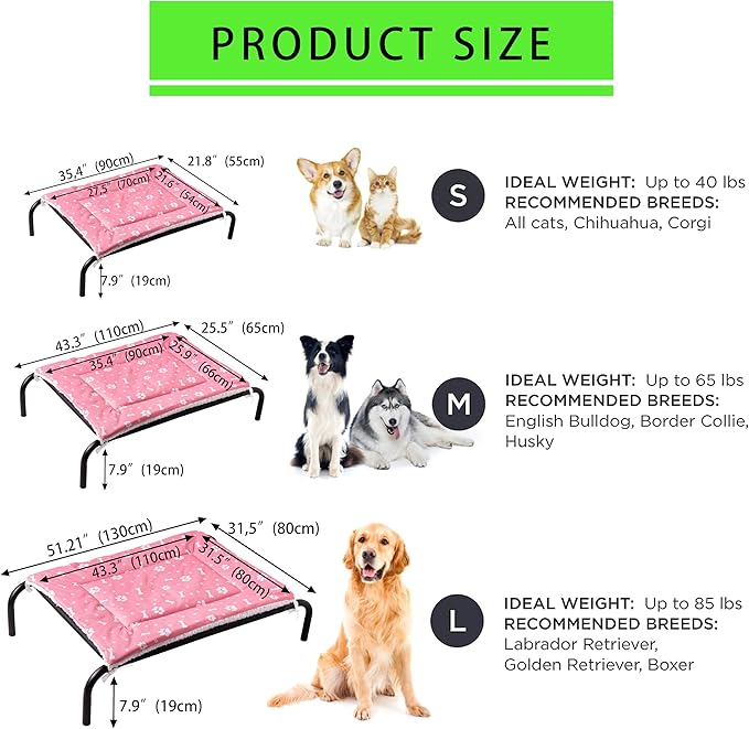 Elevated Dog Bed with Metal Frame, Raised Dog Bed with Waterproof Mesh, Dog Cot with No-Slip Rubber Feet, Portable Pet Bed. (M, Black)