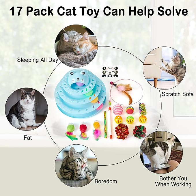 Suhaco Interactive Cat Toys for Indoor Cats Pack of 17 Fun Roller 4 Level Cat Tower with Cute Stickers Turntable Kittens Ball Teaser Toy (Blue 17 Pcs)