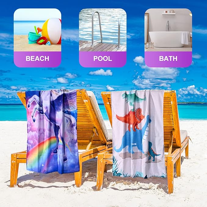 LIVILAN Dinosaur Beach Towel for Kids, 30”x60”, Microfiber, Quick Dry, Sand Free, Lightweight, Thin, Perfect for Girls, Boys, Bath, Swim, Shower, Unique Dinosaur Gifts and Decorations