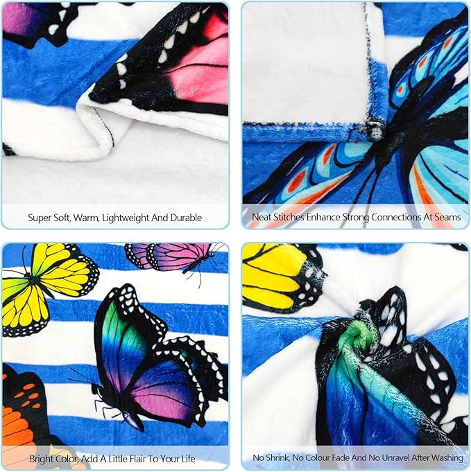 Blue Butterfly Fuzzy Throw Blanket 350 GSM Fleece Ultra-Soft Microfiber Blanket for Adults Kids Gift Couch, Sofa, Bed 60"x50"