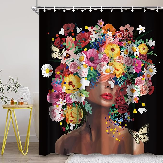 Black Girl Women Shower Curtain Sets for Bathroom 60Wx72H African America Shower Curtain Afro Lady Modern Colorful Flower Floral Polyester Bathtub Curtain Bathroom Decor with 12 Hooks