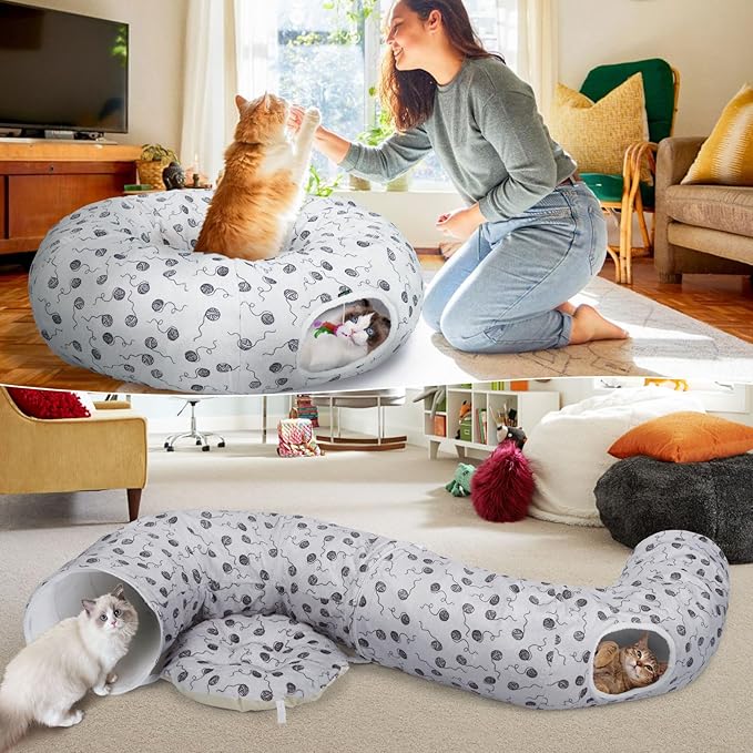 Ownpets Large Cat Tunnel Bed 12 inch Diameter for Large Cats Up to 35 Lbs, Cat Donut Tunnel Bed with Soft Mat, Soft Plush Cat Tube, Peekaboo Cat Cave, Gray