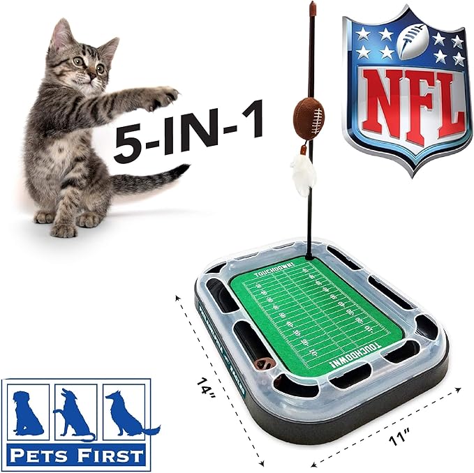 KITTY TOYS NFL PHILADELPHIA EAGLES FOOTBALL FIELD CAT SCRATCHER TOY with CATNIP Filled Plush FOOTBALL Toy & Feather Cat Toy hanging, with Jingle Bell INTERACTIVE BALL Cat Chasing 5-in-1 KITTY Toy