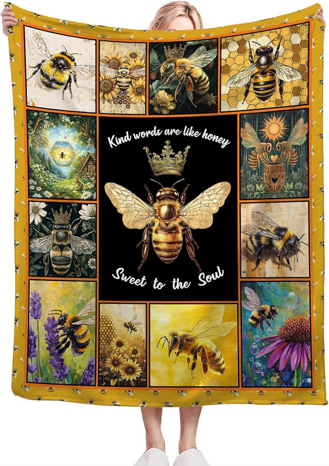 Bee Blanket Ultra Soft Cozy Bee Queen Throw Blanket Fleece Fuzzy Plush Bee Honey Blanket Decor Gifts for Women Girls Adults Couch Sofa 80"x60"
