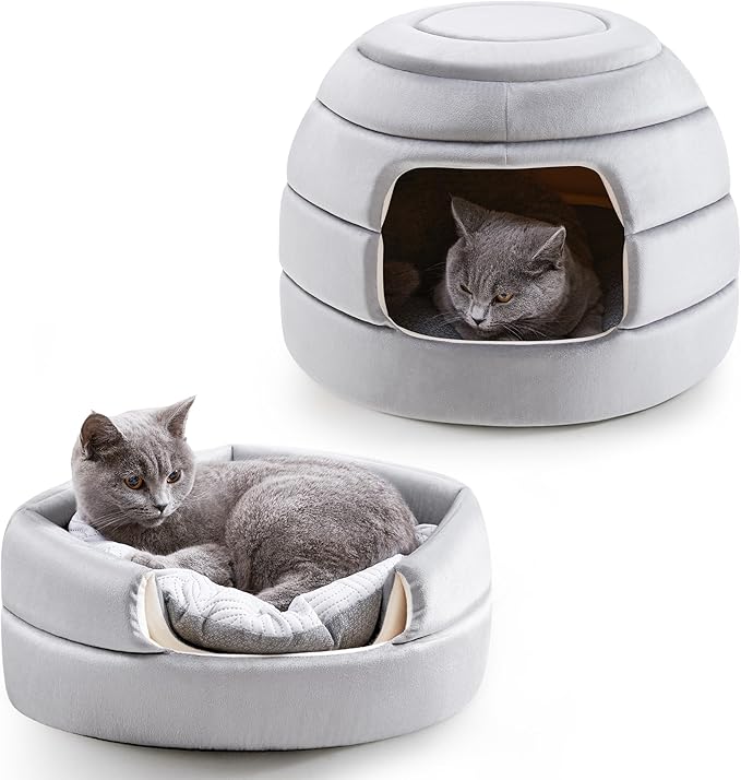 Made4Pets Cat Bed and House, 2-in-1 Foldable Cat Houses for Indoor Cats, Soft Velvet Cat Cave, Removable and Washable Cushion, Cat Condo for All-Season Comfort and Style
