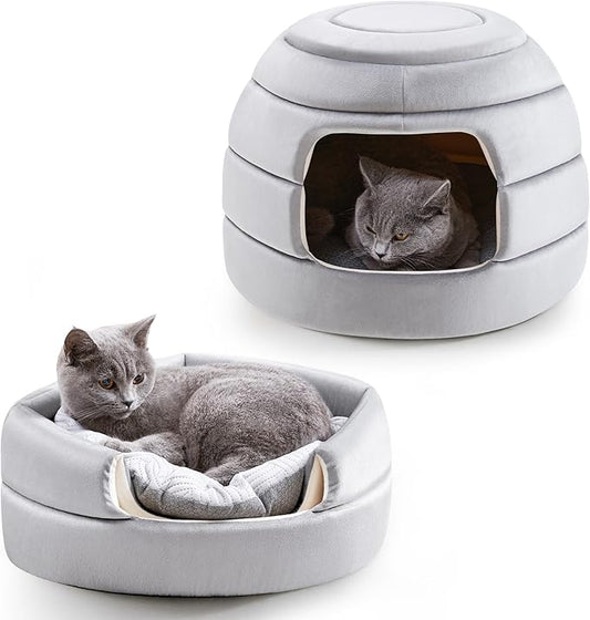 Made4Pets Cat Bed and House, 2-in-1 Foldable Cat Houses for Indoor Cats, Soft Velvet Cat Cave, Removable and Washable Cushion, Cat Condo for All-Season Comfort and Style
