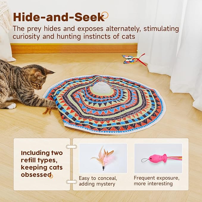 Potaroma Cat Toys Chargeable, 3in1 Hide and Seek, Automatic Interactive Toy, Fluttering Butterfly, Moving Feather, Kitten Wand Toy, Indoor Exercise Kicker 22.8 Inches Cover for All Breeds