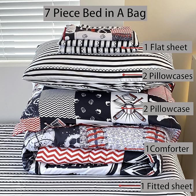 7 Piece Baseball Comforter Set Bed in A Bag Twin Size 3D Softball Sports Bedding Set for Boys Kids Microfiber Comforter All Season (1 Comforter, 1 Flat Sheet, 1 Fitted Sheet, 4 Pillowcase)