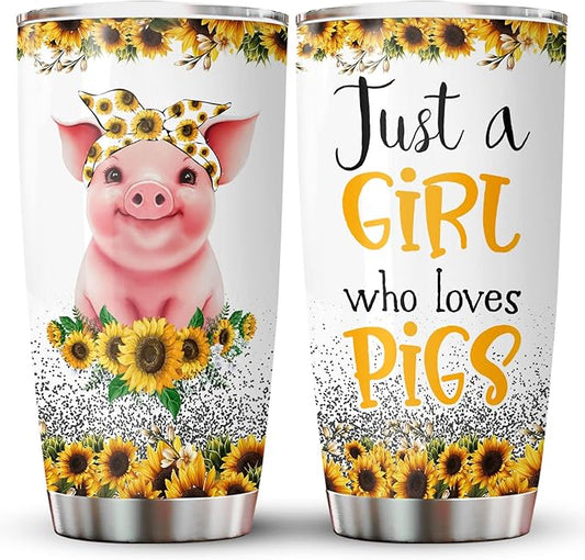 34HD Just A Girl Who Loves Pigs Tumbler with Lid, 20oz Stainless Steel Vacuum Insulated Animal Cup, Farm Animal Gifts for Women Girls Sister Daughter, Pig Birthday Gifts