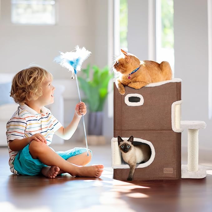 YITAHOME 2-Tier Cat House, Indoor Cat Cave Bed Playhouse, Flannel & Cool Mat, Covered Cat Beds with Scratch Pad and Hideaway Cave, Cute Modern Cat Condo Furniture for Multi Small Cats, Brown