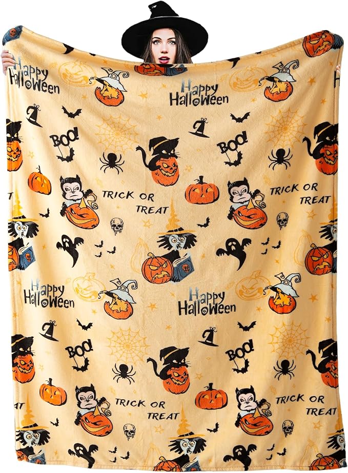 Pumpkin Reversible Fleece Throw Blanket, 50' x 70', Happy Halloween Print, 320 GSM Super Soft Warm Cozy Blanket for Couch Sofa, Orange Home Decor