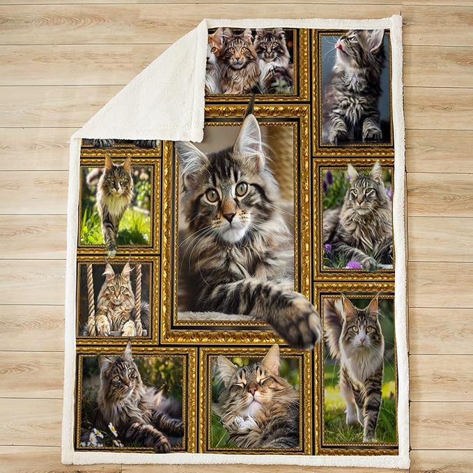 Feelyou Maine Coon Fleece Throw Blanket for Bed Sofa Couch Cute Cat Plush Blanket 40"x50" Kawaii Kitten Pet Sherpa Blanket Gift for Maine Coon Lover Fuzzy Blanket Flannal Blanket