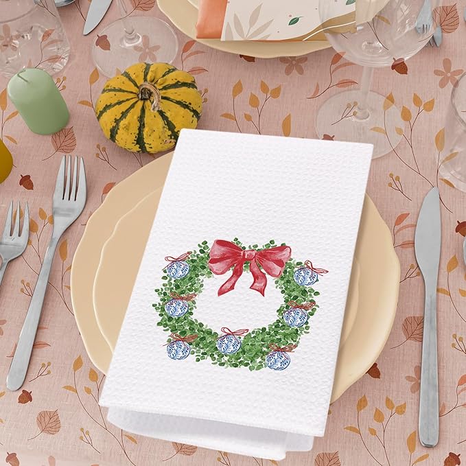 SPBL&L Chinoiserie Christmas Red Bow Wreath Decorative Hand Towels for Bathroom, Kitchen Dish Towels, 16x24 Inch