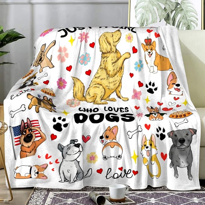 Dog Mom Blanket Just A Girl Who Loves Dog Throw Blanket Gifts for Cat Lovers Soft Flannel Animals Pet Pattern Gift for Kids Adults 60"X50"