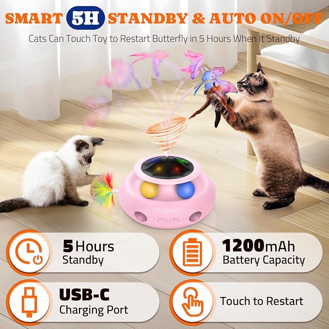 Interactive Cat Toy: 4 in 1 Automatic Cat Toy for Indoor Cats, Electric Kitten Toy with Rechargeable Battery, Self Play Kitty Toy with Fluttering Butterfly, Track Ball and Feather Pack, Pink