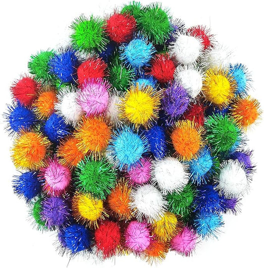 1.8 Inch Assorted Color Flash Ball Cat's Favorite Toy Ball Tinsel Pom Poms Flash for Kittens Exercise and Multiple Cats Play and Chase, 100Pcs