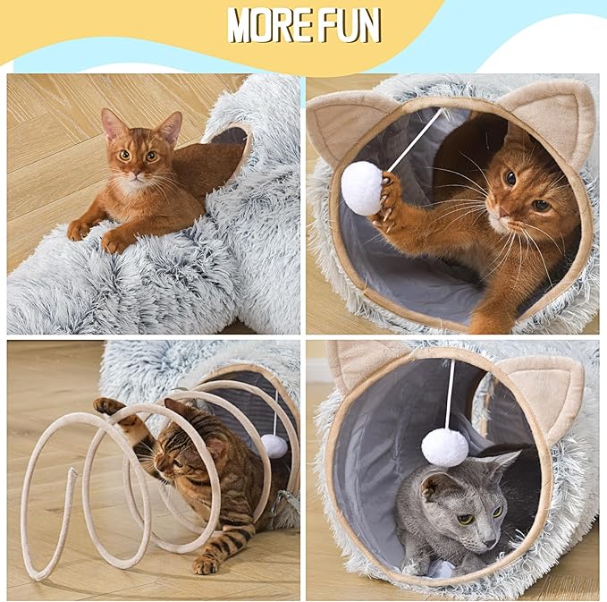 Cat Tunnels with Spring Toys for Bored Indoor Cats, Soft Plush 3 Way Cat Hideaway Tunnels with Cat Balls for Kitten, Rabbit, Ferret, Puppy, Grey