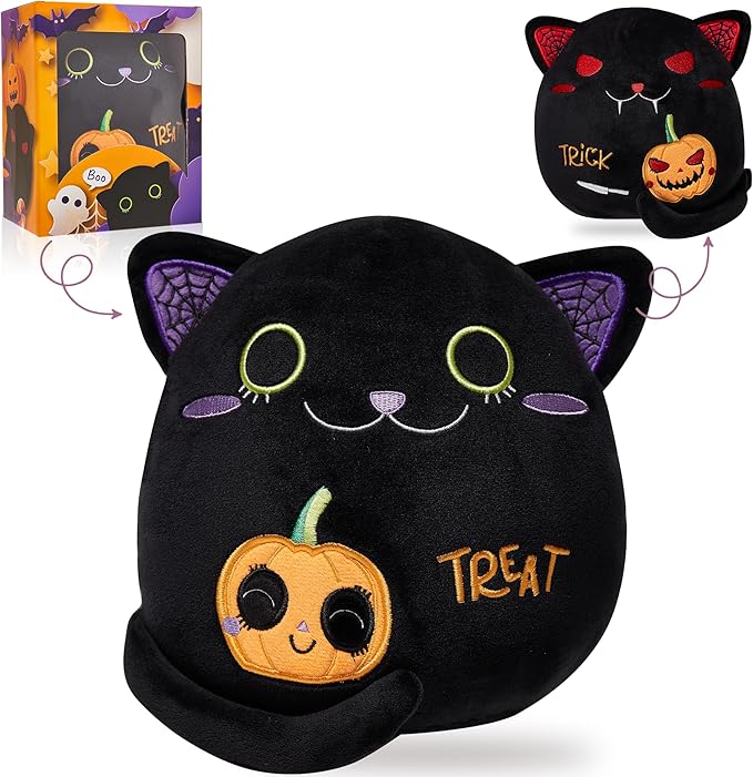 Black Cat Plush Birthday Gift - Two-Sided Stuffed Animal Toy, Funny 9.4" Soft Pumpkin Throw Pillow for Kids, Boys, Girls - 1 Piece