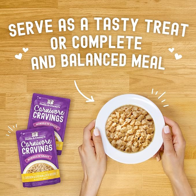 Stella & Chewy’s Carnivore Cravings Morsels & Gravy Chicken & Chicken Liver Recipe Wet Cat Food Pouches – (2.8 Ounce Cans, Case of 12)