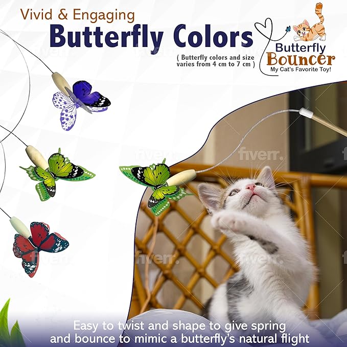 Butterfly on Wire Bounces to Mimic a Real Butterfly's Flight - Interactive Cat Toy - Cats/Kittens Play Catch Chase Exercise-Comfortable Bamboo Handle-Stocking Stuffer-Made in USA