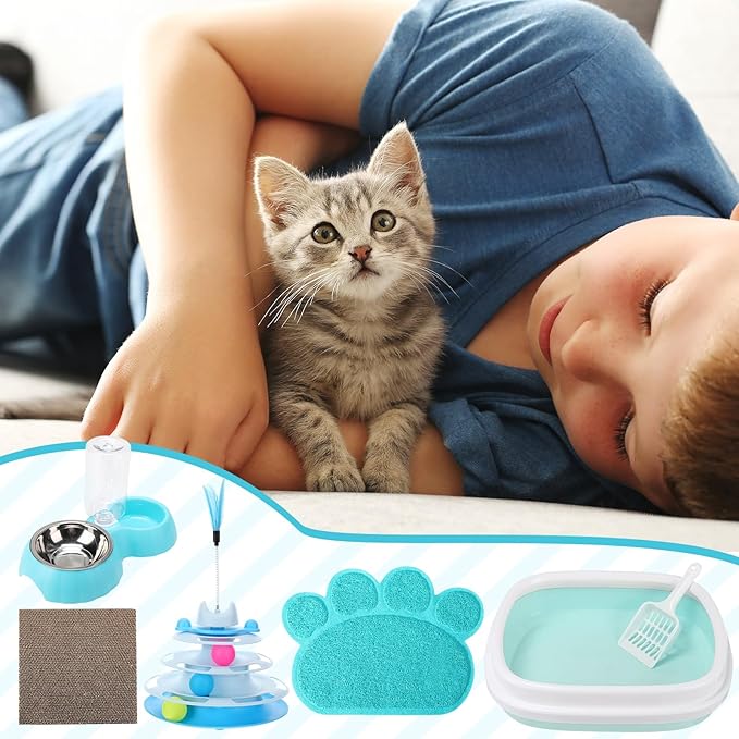 5 Pcs Small Cat Kitten Starter Kit Include Cat Litter Box with Shovel Cat Paw Litter Mat Scratch Pad Automatic Cat Bowls Turntable Cat Toys Balls Cat Essentials Kits for Cats Life(Blue)