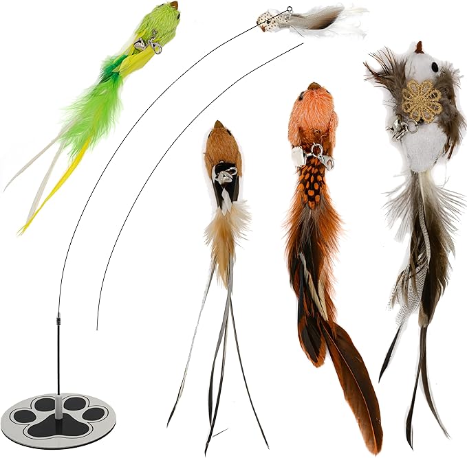 Cat Wand Toy Cat Toys for Bored Indoor Adult Cats Feather Cat Toy Wand 5 Pcs Natural Bird Feathers Stable Round Base Wand Cat Toys for Indoor Cats Hunting Toys for Cats