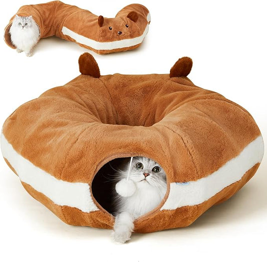 FUKUMARU Cat Tunnel Bed for Indoor Cats, Bagel Donuts Cat Tunnel Toys with Crinkle Paper Ears, Round Pet Play Tunnel Toy for Kitten and Rabbit, Cat Hideway Interactive Toys, Collapsible&Washable