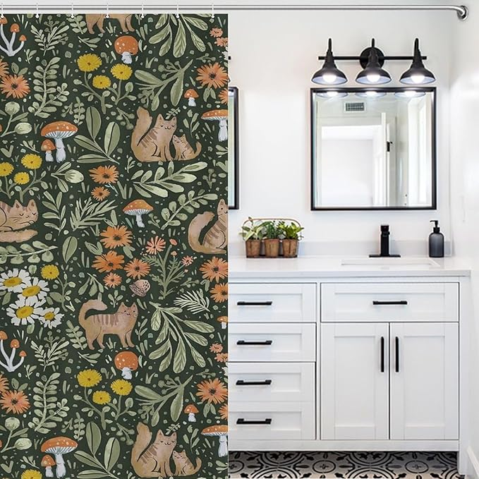 Cartoon Cute Forest Shower Curtains, Fairy Tale Mushroom Cat Flower Floral Leaf Green Pattern Decor Print Bath Drapes Set with Hooks, Waterproof Fabric Windows Treatment for Bathroom, 66x72in