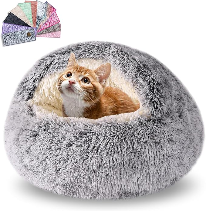 Calming Dog Beds & Cat Cave Bed with Hooded Cover,Washable Round Beds for Small Medium Pets,Anti-Slip Faux Fur Fluffy Coved Bed,Comfortable Warming Pet Bed (16 * 16inch,Grey)