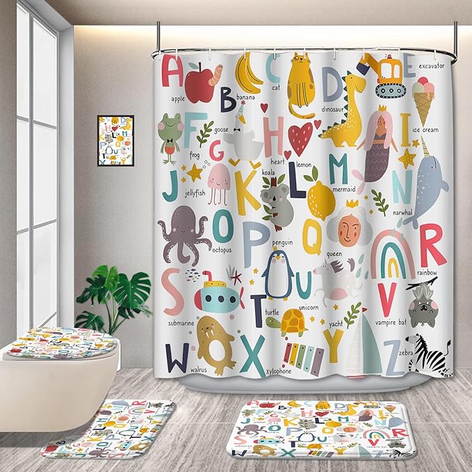 Cartoon Animal Alphabet Shower Curtain Sets, 4 Pcs Kids Educational Graphic ABC Learning Shower Curtain for Bath Curtain Set with Rugs,Cartoon Fun Facts Geography, with 12 Hooks(72X72in)