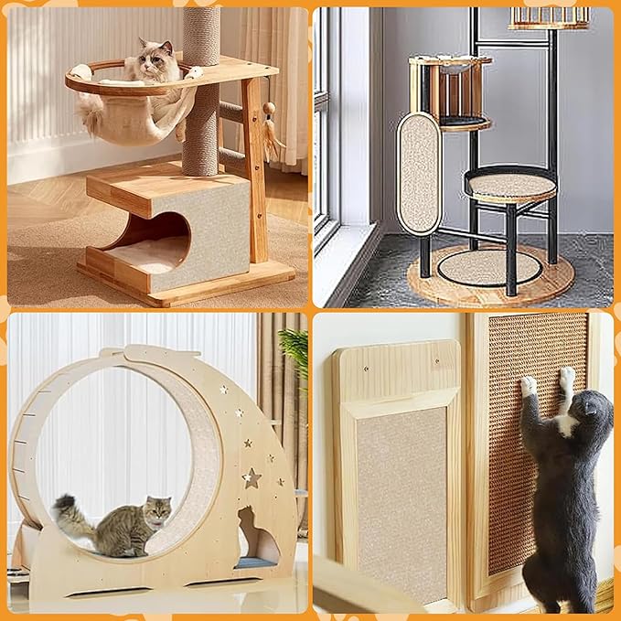 118”x15.8” Trimmable Cat Scratching Post Carpet Cover Cat Scratcher Mat Self-Adhesive Cat Tree Shelves Replacement Parts Mat with 5M Cable Tie Couch Furniture Protector for Indoor Cats(Beige)