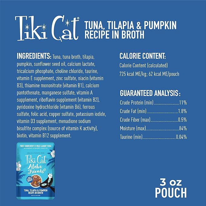 Tiki Cat Aloha Friends, Tuna, Tilapia & Pumpkin, Grain-Free & High Moisture, Wet Cat Food for All Life Stages 3 oz. Pouch (Pack of 12)