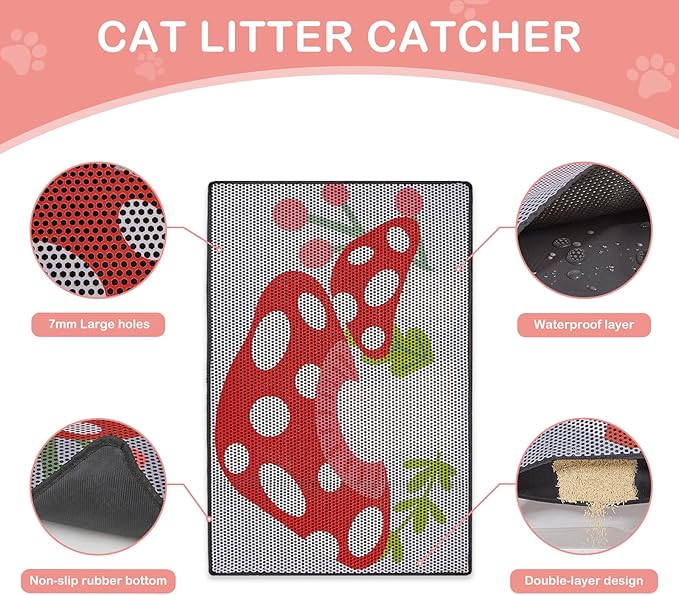 Bienbee Cat Litter Mat, 30"x24" Cat Litter Trapping Mat, Double Layer Litter Mat with Non-Slip Rubber Bottom, Urine and Water Proof, Keeps Floors Clean Mushroom L
