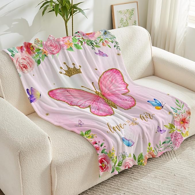 Butterfly Throw Blanket for Girls Teens Women Toddler Watercolor Blanket Soft Fuzzy Flannel Bed Blanket Plush Butterfly Birthday Gifts for Women Girls Mom Kids Teens Adults, 50”x60”