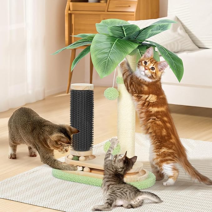 Cat Scratching Post, 29" Tall Cat Scratcher Post with Cat Self Groomer, Dangling Plush Balls, 5-in-1 Interactive Trackball Cat Toys for Indoor Cats with 2 Layer Tracks 6 Spinning Balls Sisal Cat Tree