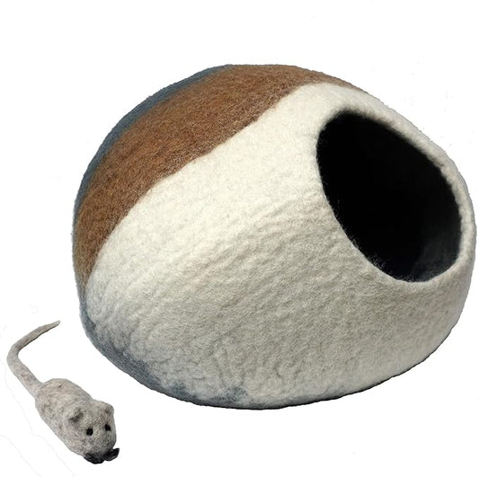 100% Wool Felt Cat Cave Bed Handmade in Nepal with Free Mouse Toy Included (Gray/Tan/Cream)
