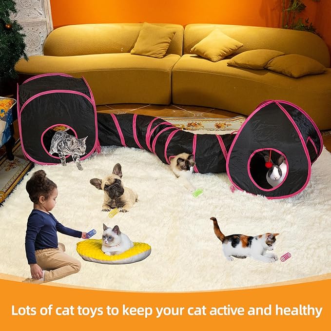 Cat Tunnels for Indoor Cats with Cube Tent Toys Combo, Pop Up Collapsible Crinkle Interactive Peek Hole, Cat Tube with Play Ball,Bell and Cat Spring Toys for Kitten, Puppy, Kitty, Rabbit - Set of 3