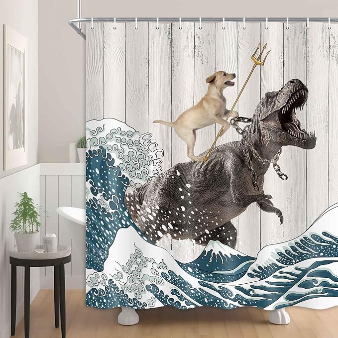 Boziqr Funny Dog Shower Curtain, Japanese Ocean Wave Dinosaur Rustic Barn Door Decor Fabric Bathroom Curtains Set, Cute Animal Kids Polyester Fabric Waterproof, 70 X 84 Inches