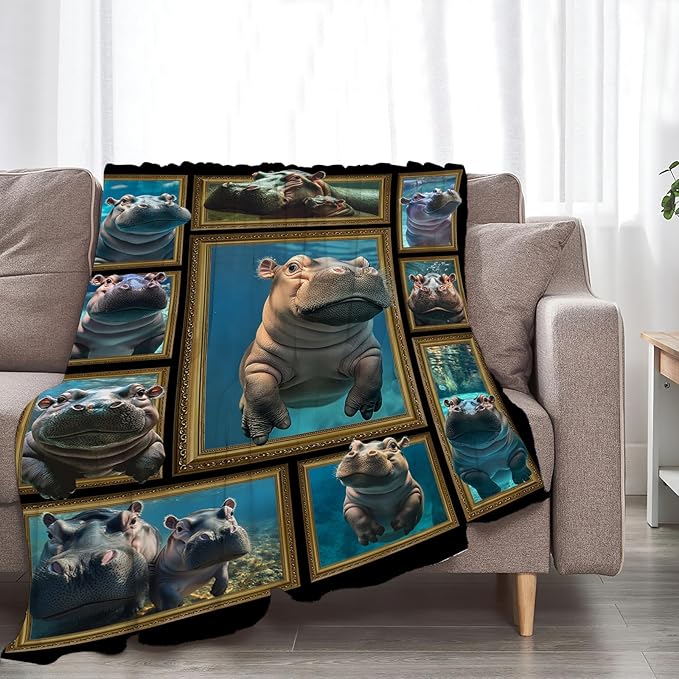 Hippo Throw Blanket Ultra Soft Cozy Cute Hippo Blanket Fleece Fuzzy Plush Hippo Lovers Decor Gifts for Women Girls Adults Couch Sofa 60"x50"