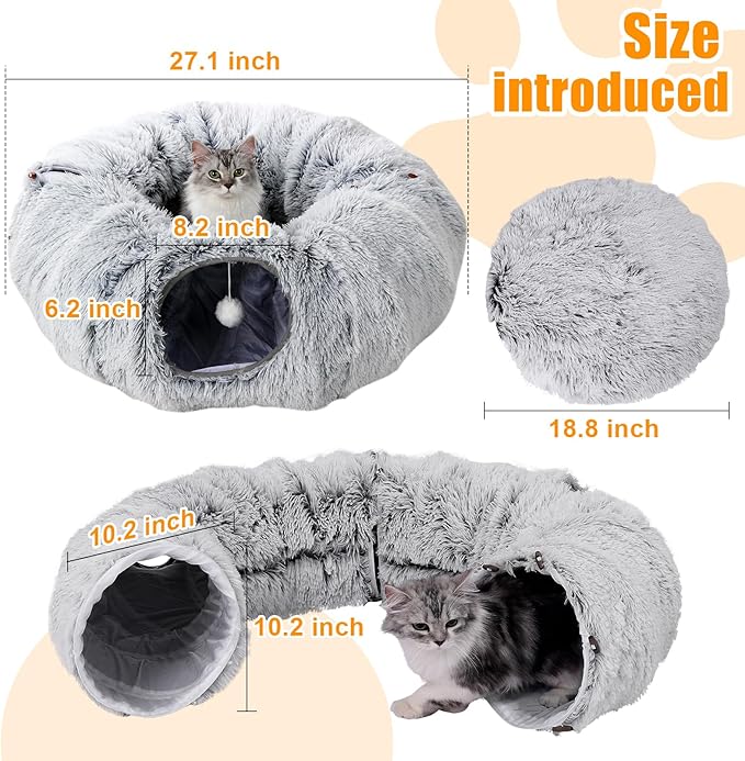 Cat Tunnel Bed for Indoor Cats,Warm Plush Cat Play Tunnel with Central Mat, Cat Calming Cave with Hanging Ball & 2 Peepholes,S-Shape Cat Tube and Cat Donut Tunnel (Grey)