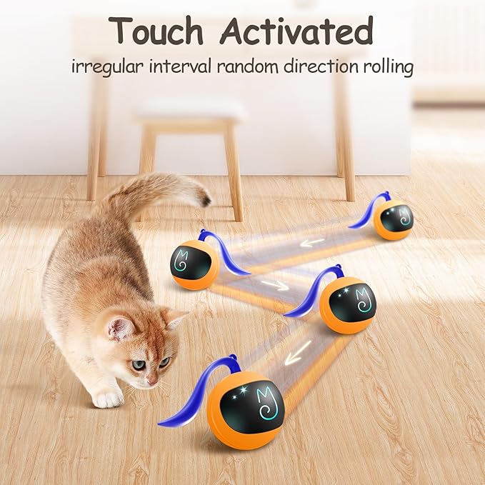 Migipaws Interactive Cat Ball Toy Set, Fun Tracker, Glowing Chase Ball with MystiChaser Pouch, Fluffy Tail, A Small Mice (Orange)